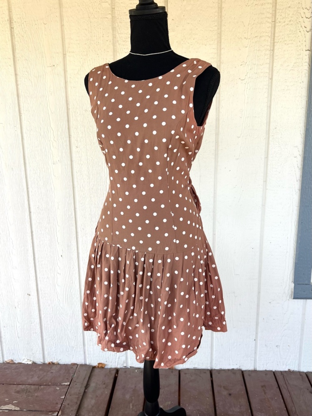 Vintage Brown Polka Dot Drop Waist Mini Dress Size 7 Cottagecore - Picture 2 of 7
